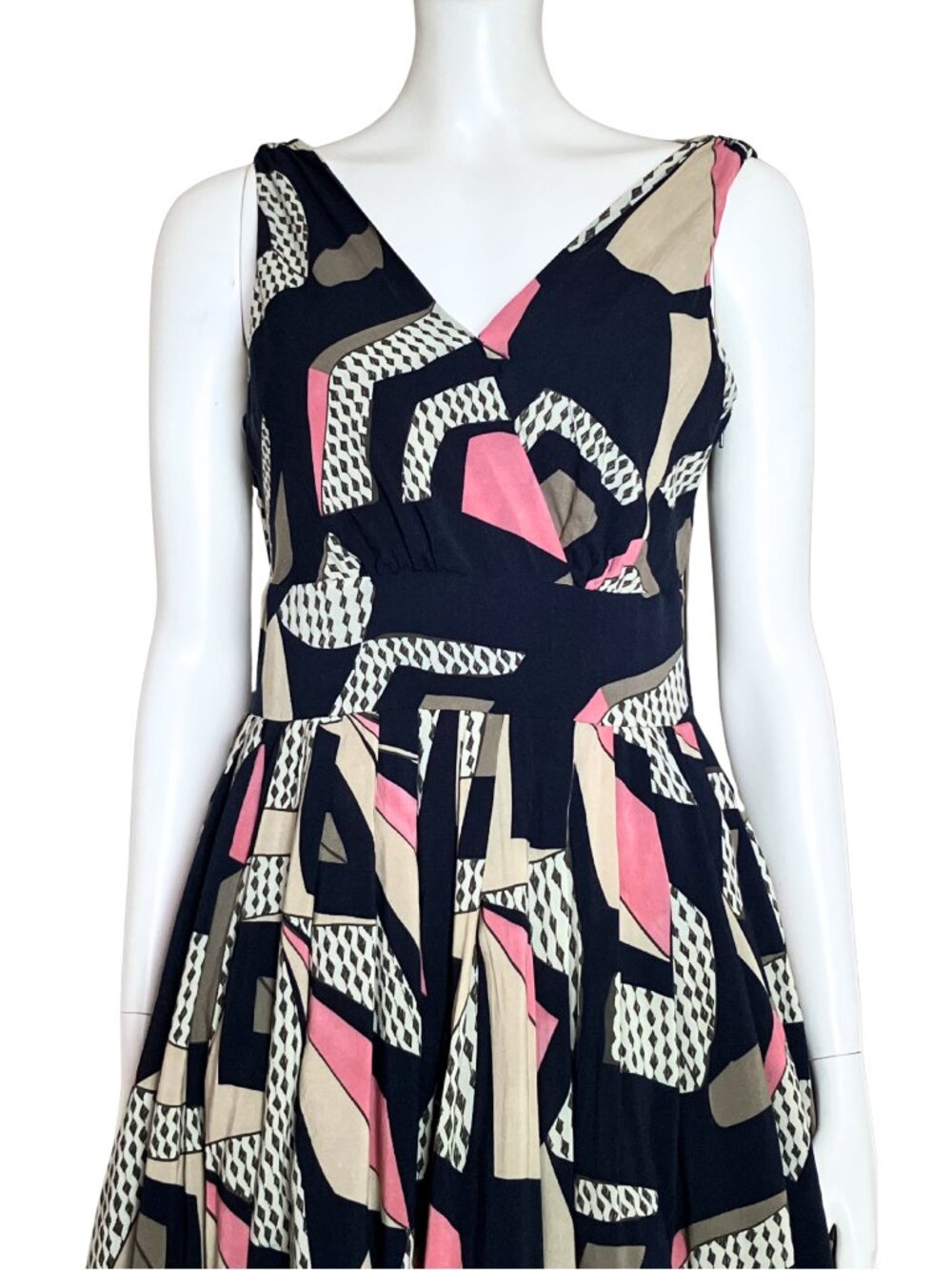 Aryeh Navy Geometric Print Fit & Flare Midi Dress. Medium. Retro Twee Bauhaus - Picture 6 of 11